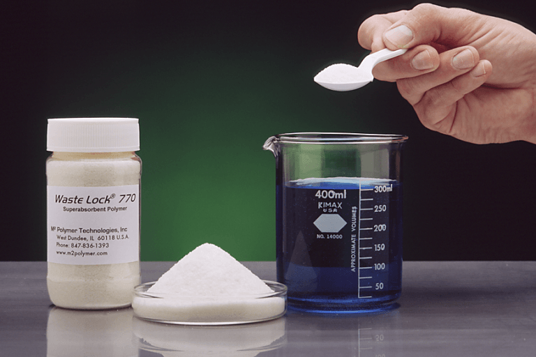 Hand placing spoonful of Waste Lock 770 in beaker filled with solution